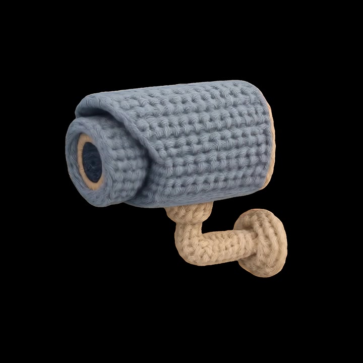 Crocheted Security Camera Rotating Against Black Background