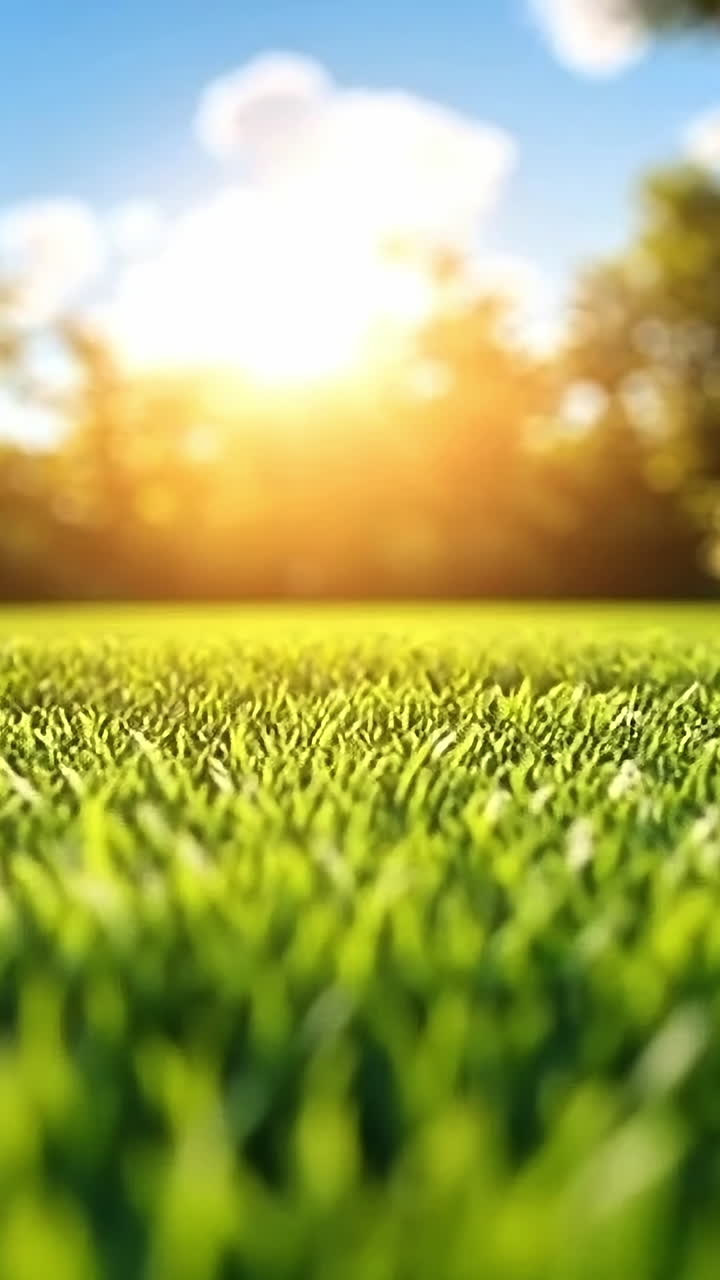 Sunset on grass in a park. Sunlight illuminates green grass in a serene park at sunset, creating a tranquil atmosphere.