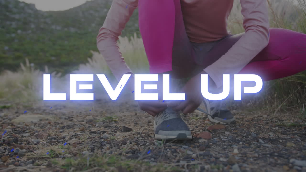 시골 에서 운동 을 하고 신발  ⁇  을  ⁇ 는 여자 위 에  ⁇ 색 으로 표시 된 단어 들 의 애니메이션