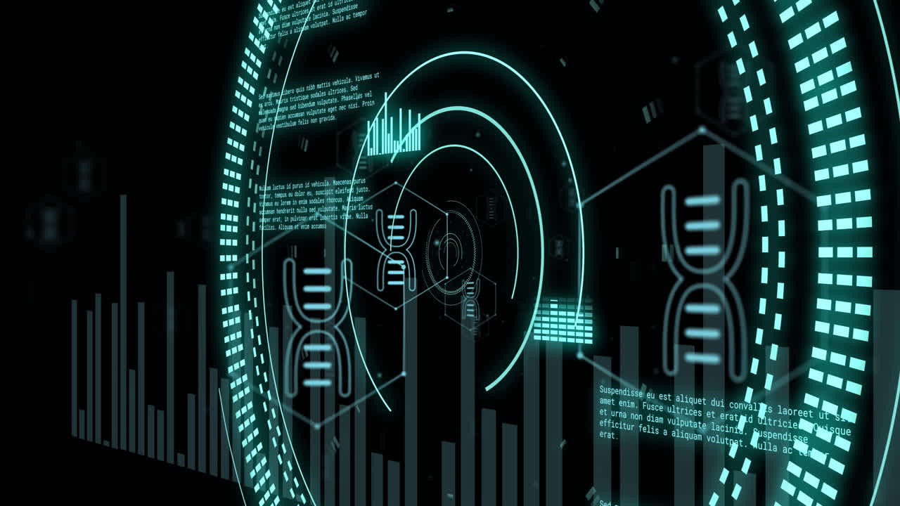 Animation of scope scannig and data processing with dna strand on black background
