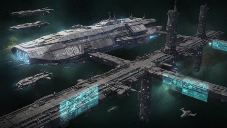 a stunning space fleet showcasing advanced spacecraft hovering majestically above a detailed space station amidst the depths of the universe, filled with breathtaking visuals and technology