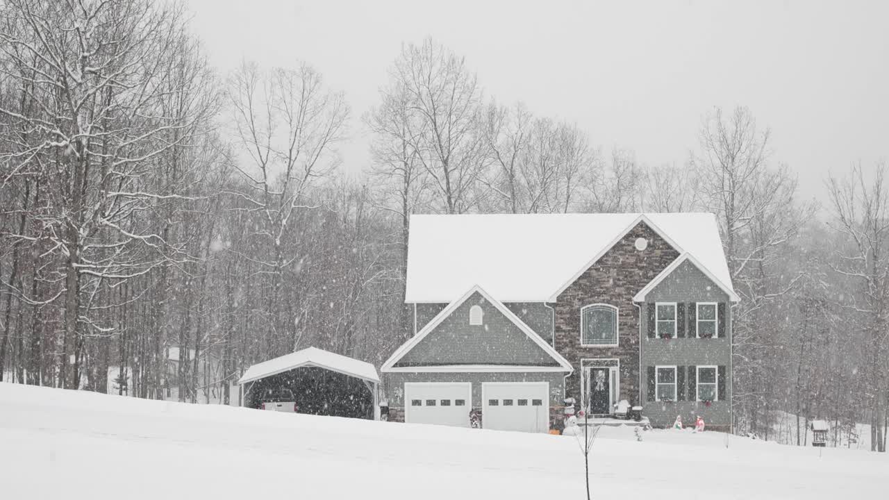 눈보라 동안 숲속의 집