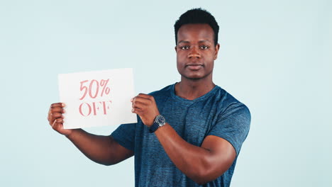 man, promotion and holding poster in studio