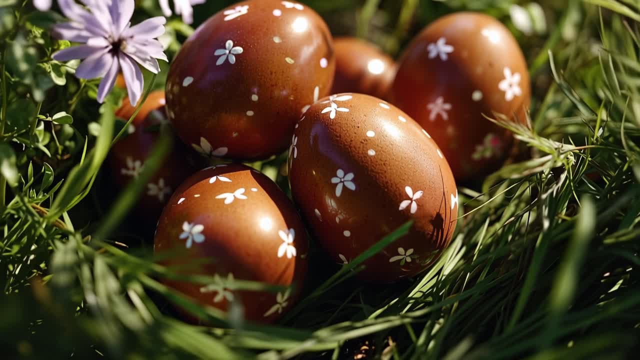 Gyldne æg hviler blandt lilla vilde blomster og grønt græs. Sollyset gløder blidt på malede æg med små hvide blomster. Forårsnatur omgiver festlige symboler på fornyelse og fejring