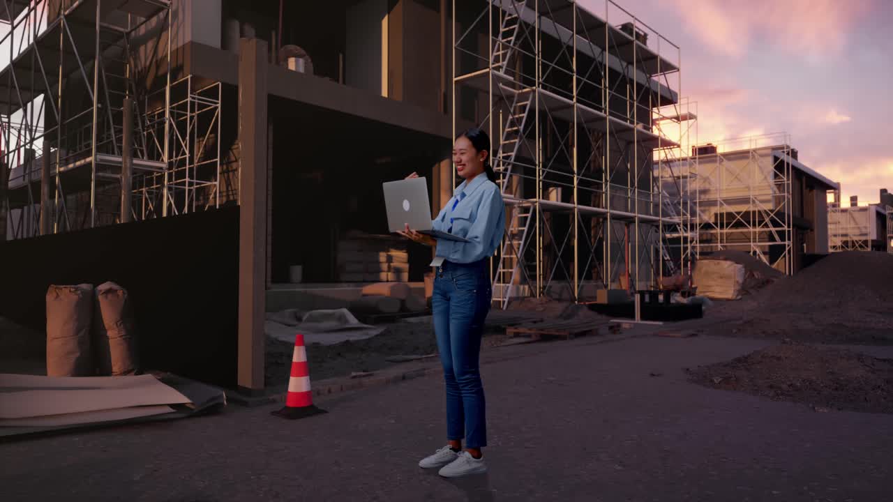 Full Body Side View Of Asian Female Professional Worker With Her Laptop At Construction Site in Progress to New House, She Raises Her Fist Up With Screaming Goal After Typed On The Laptop
