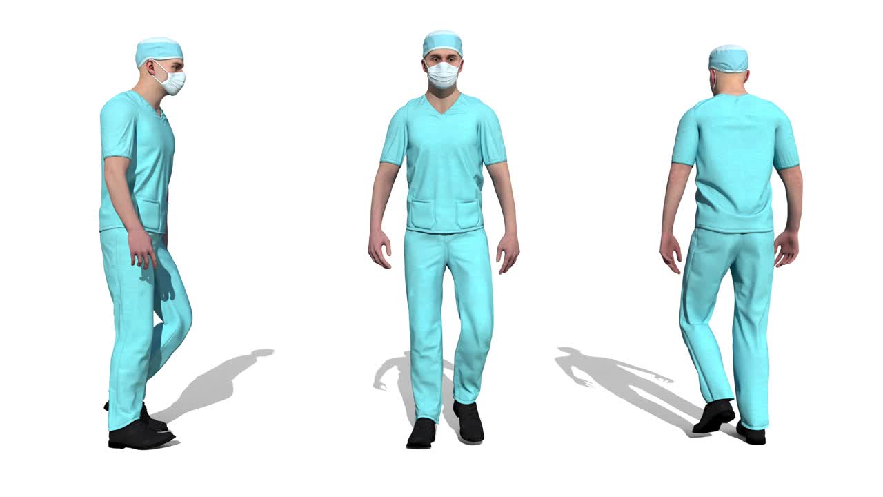 un médico con una máscara camina hacia la cámara. aislado. renderizado en 3d.