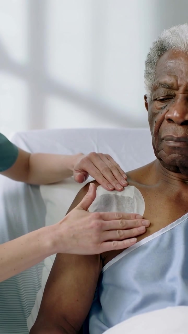 Vertical video: Nurse entering from left placing pad on patient's right chest in blue gown