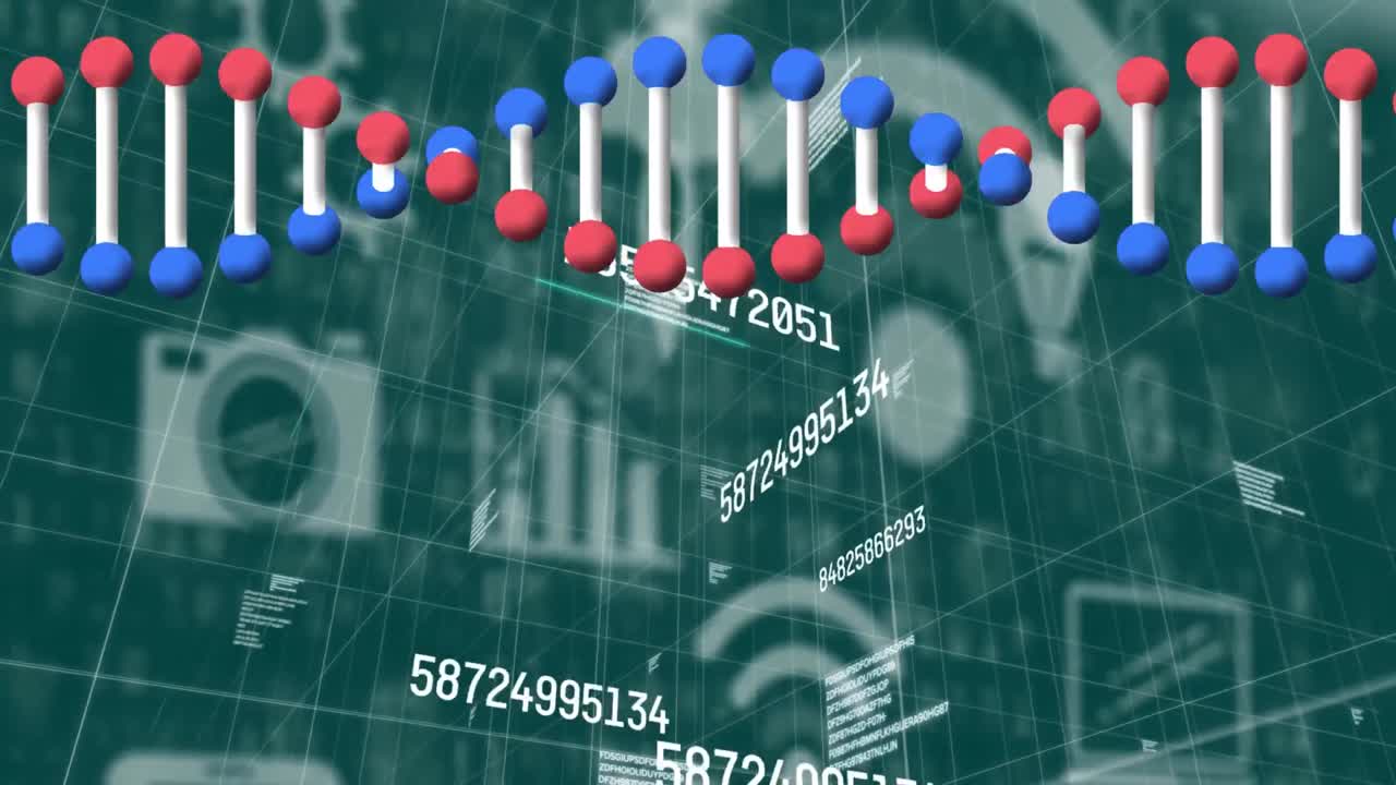animación de números cambiando, cadena de adn girando sobre iconos digitales