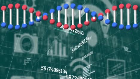 Animation-Von-Sich-ändernden-Zahlen,-DNA-Strang,-Der-Sich-über-Digitale-Symbole-Dreht