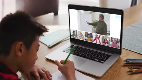 Schoolboy-using-laptop-for-online-lesson-at-home,-with-diverse-teacher-and-class-on-screen