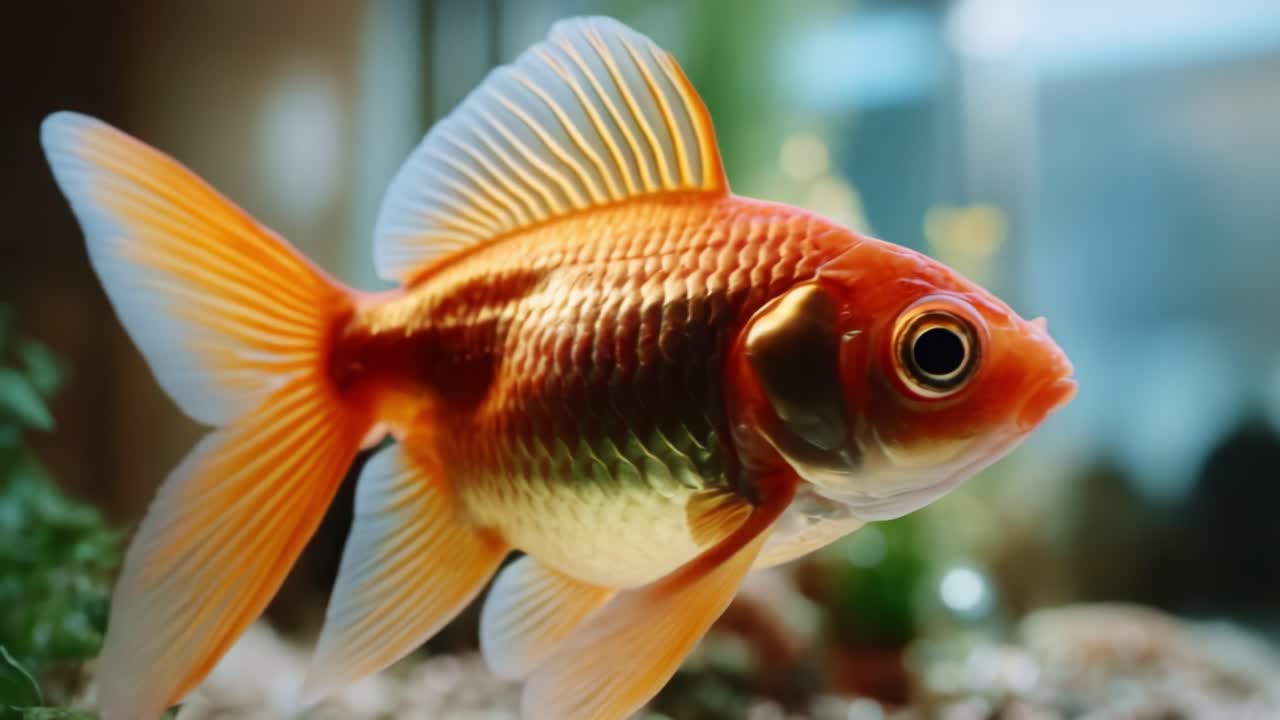 En næroptagelse ind i den livlige verden af guldfisk, der svømmer elegant i et klart akvarium fuld af frodigt grønt og fredfyldte omgivelser.