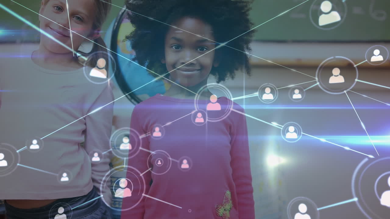 video compuesto digital de la red de conexiones contra dos niñas sonriendo en la escuela