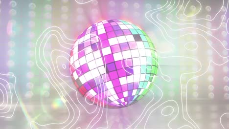 Animation-of-moving-white-lines-over-rainbow-lights-and-disco-globe