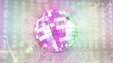 animación de líneas blancas en movimiento sobre luces de arco iris y globo de discoteca