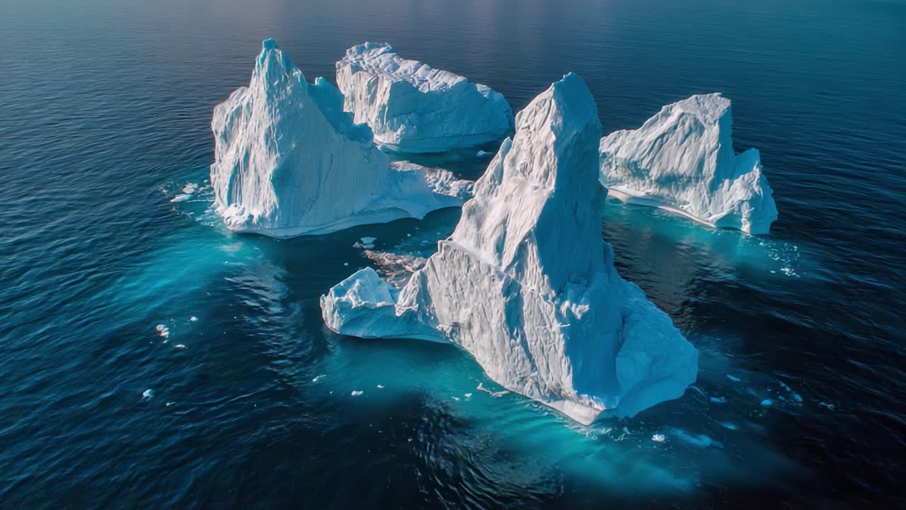 Majestic Icebergs Adrift in Serene Waters: A Stunning Aerial View of Glacial Formations Reflecting the Beauty of Nature's Wonders