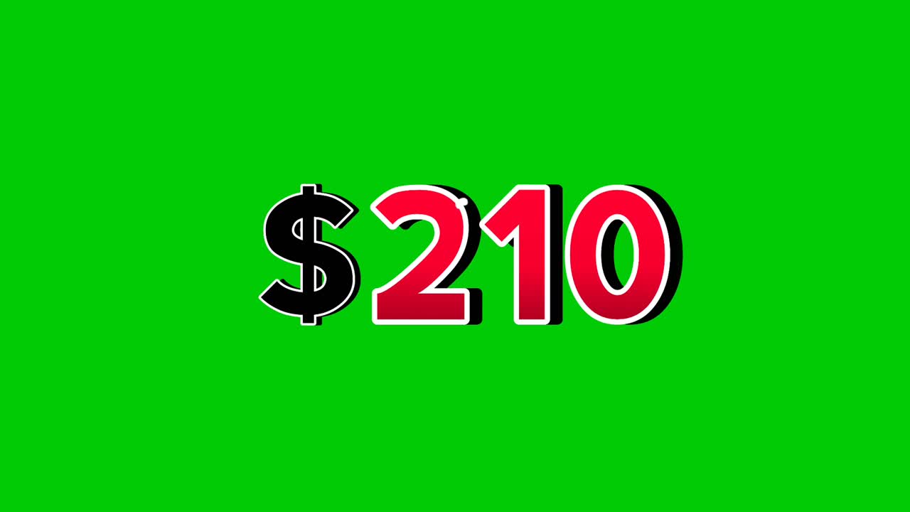 Animation number $210 dollar sign motion graphics with smoke effect green screen background vibrant red numbers. Video 3D effect with shadows for video elements business concept