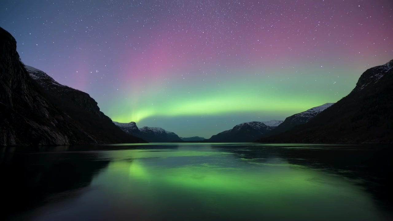 Arco aurorale luminoso e tende rosa che appaiono basse all'orizzonte, riflettendosi attraverso il fiordo.