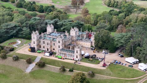aerial view of a large castle during film production