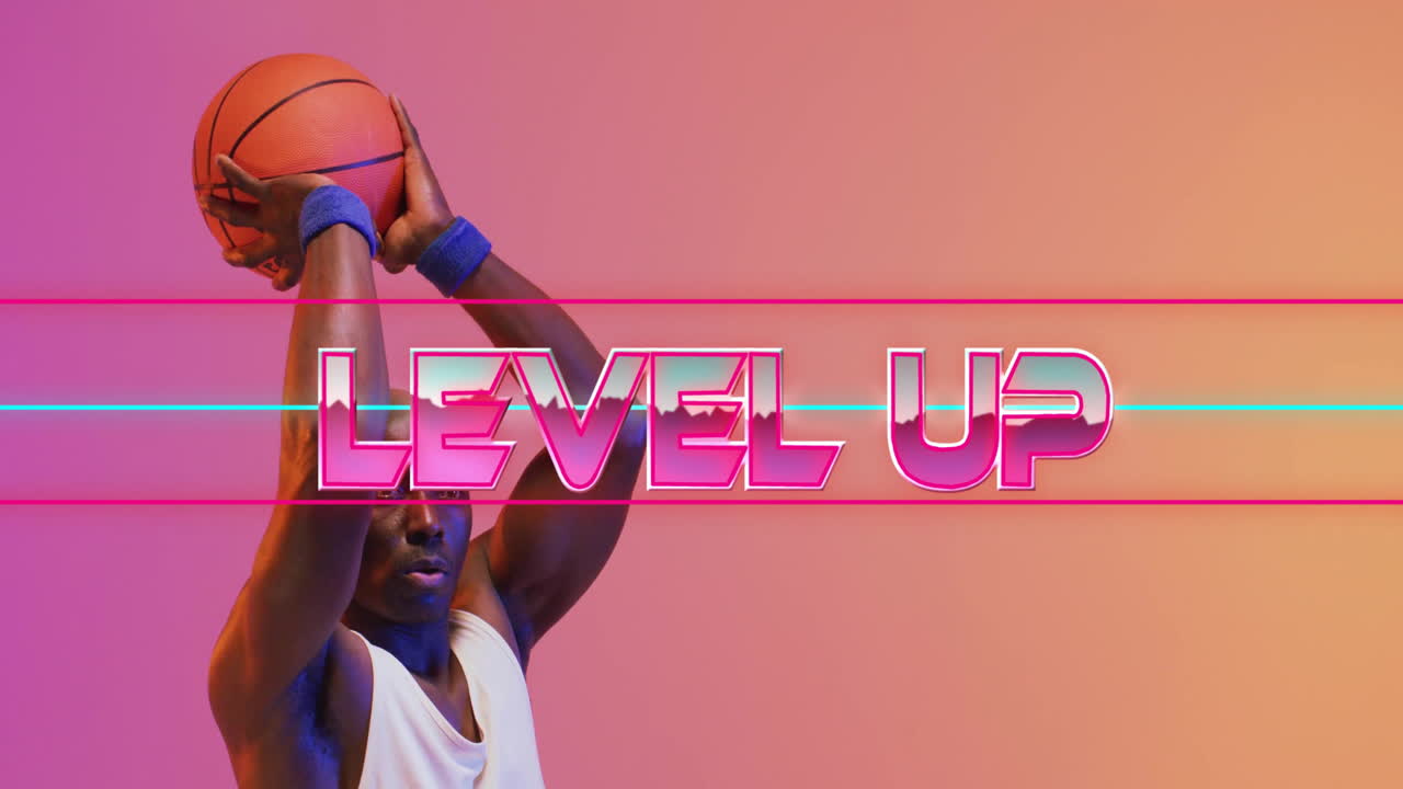 nivel de animación de texto sobre el jugador de baloncesto preparándose para disparar