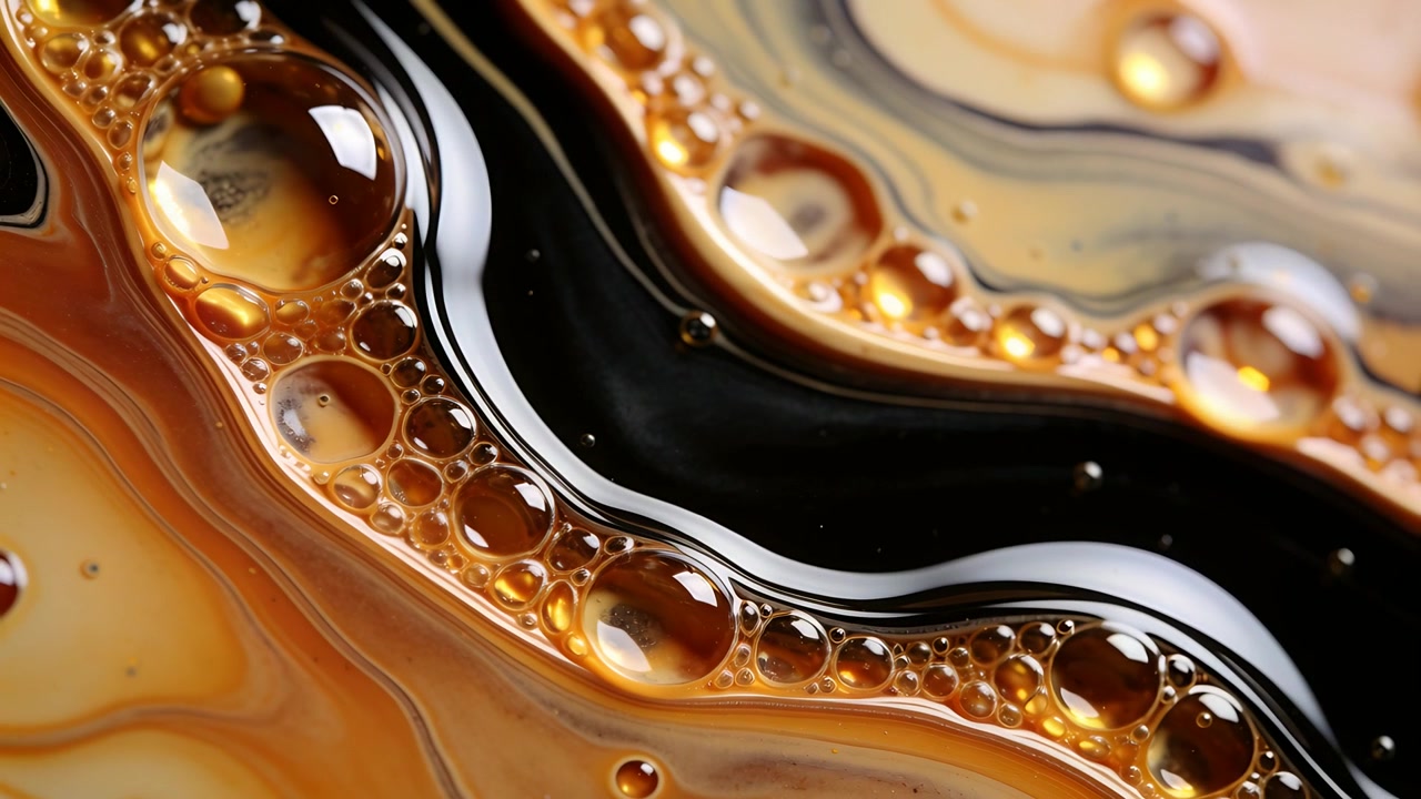 Luce cangiante che rivela un nastro liquido scuro e curvo che si muove in un piatto, con goccioline ambrate che si fondono.