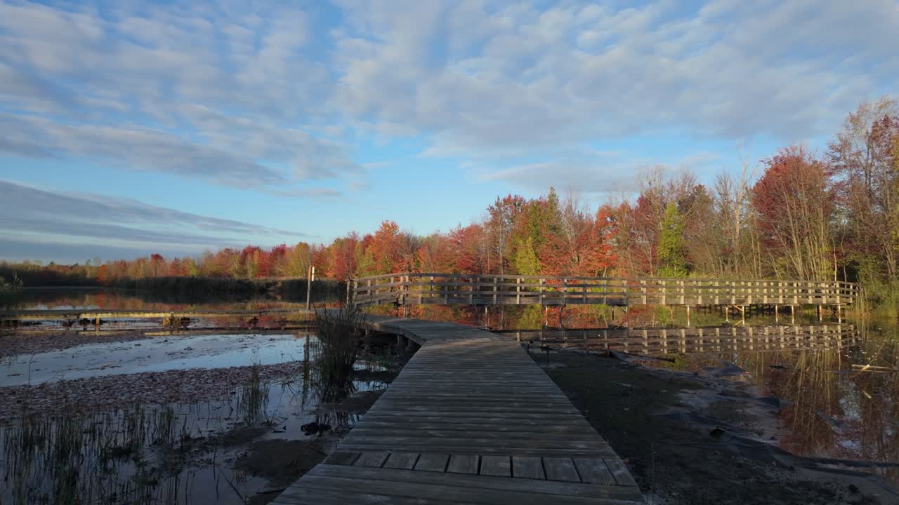 Boardwalk Over The River With Autumn Forest Trees In The Background Near Sainte-Julie In Quebec, Canada. POV Wide Shot