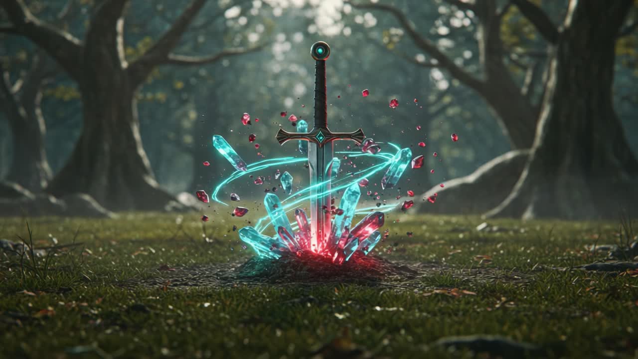 A Mystical Sword Emerges from the Ground, Surrounded by Whirling Energies and Glowing Crystals in a Magical Forest Setting