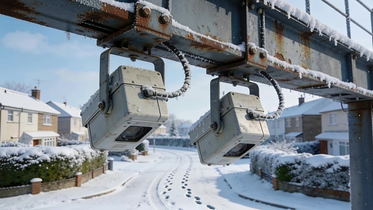 Panning viewpoint revealing two box cameras on rusted gantry above snowy suburban road, footprints