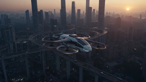futuristic aerial vehicle navigating through a modern cityscape at sunset, showcasing innovative transportation technology among skyscrapers