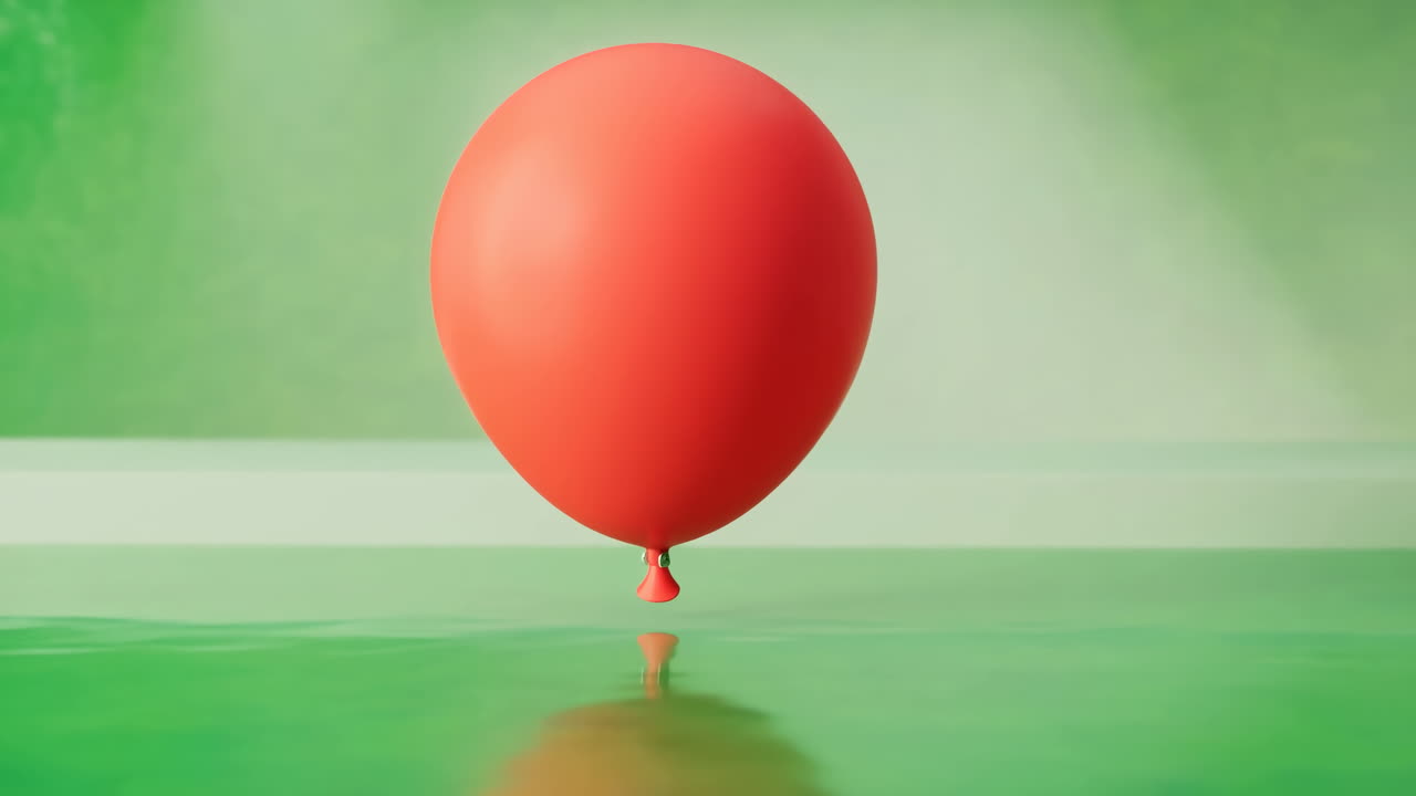 Balon Merah Mengambang di Atas Permukaan Hijau Reflektif, Pengambilan Gambar Studio Sinematik Dengan Cahaya Lembut, Air Mengkilap