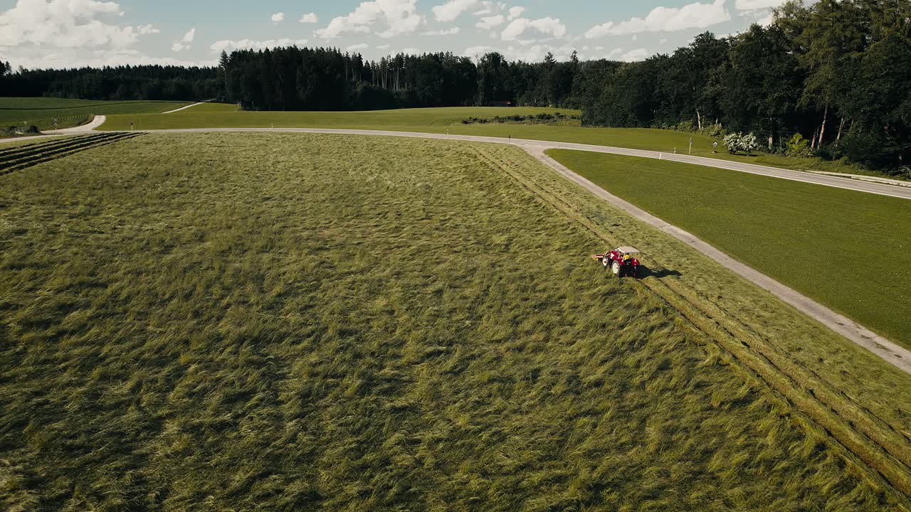 un agricultor cosechando cultivos en un vasto campo en un día soleado, tractor en el trabajo, vista aérea