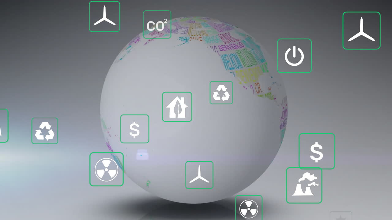 animación de iconos en el globo sobre fondo blanco.