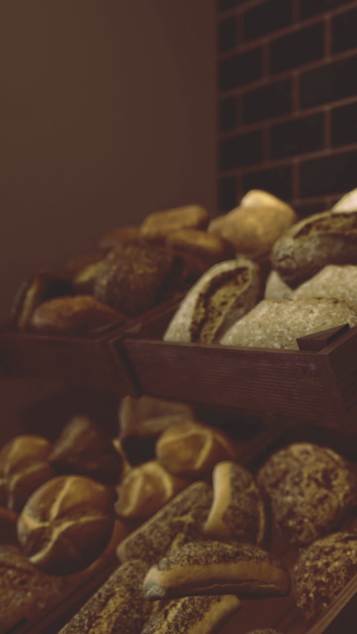 Different kinds of bread displayed on wooden trays in a bakery