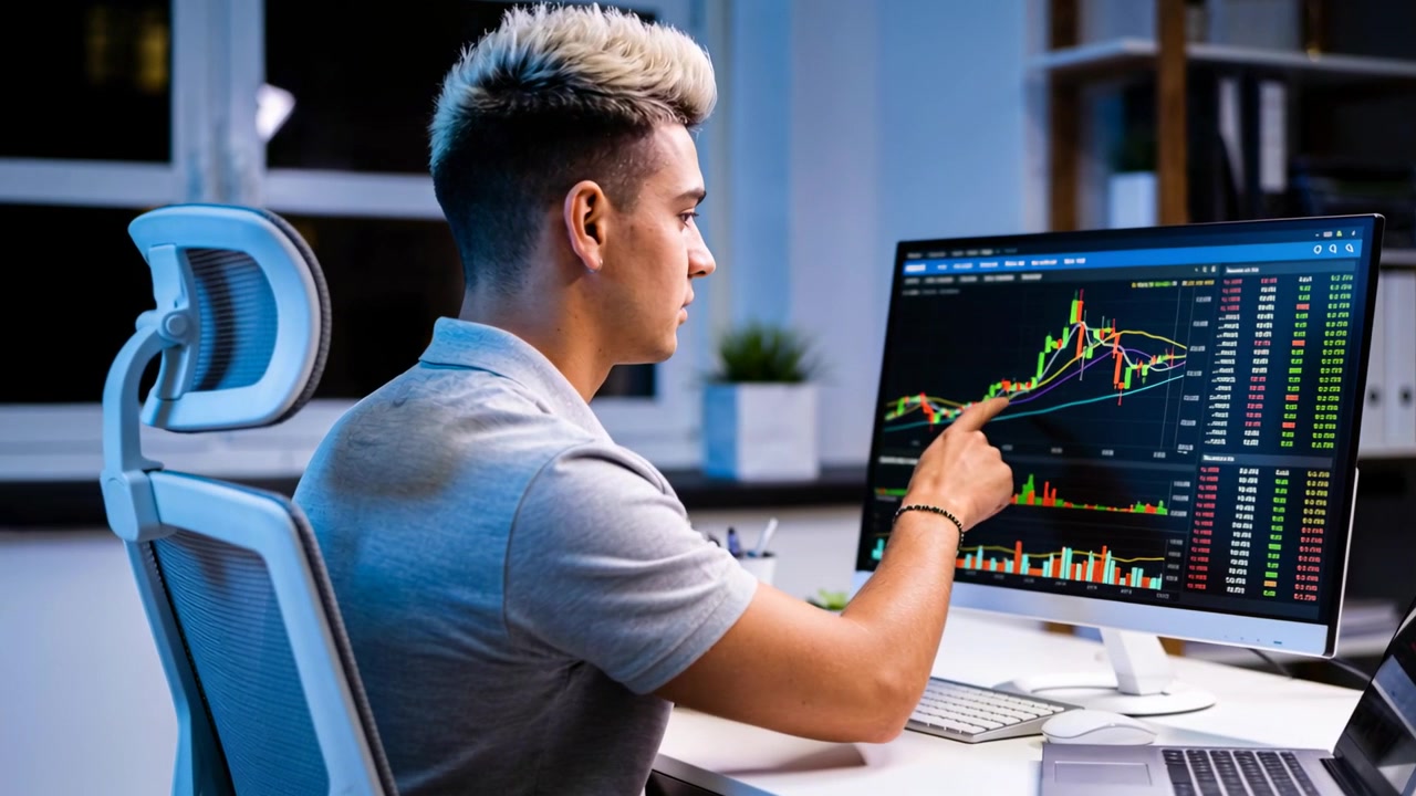 En pekende trader i grå polo forbereder en handel etter en live topp på skjermen på kontoret om natten.
