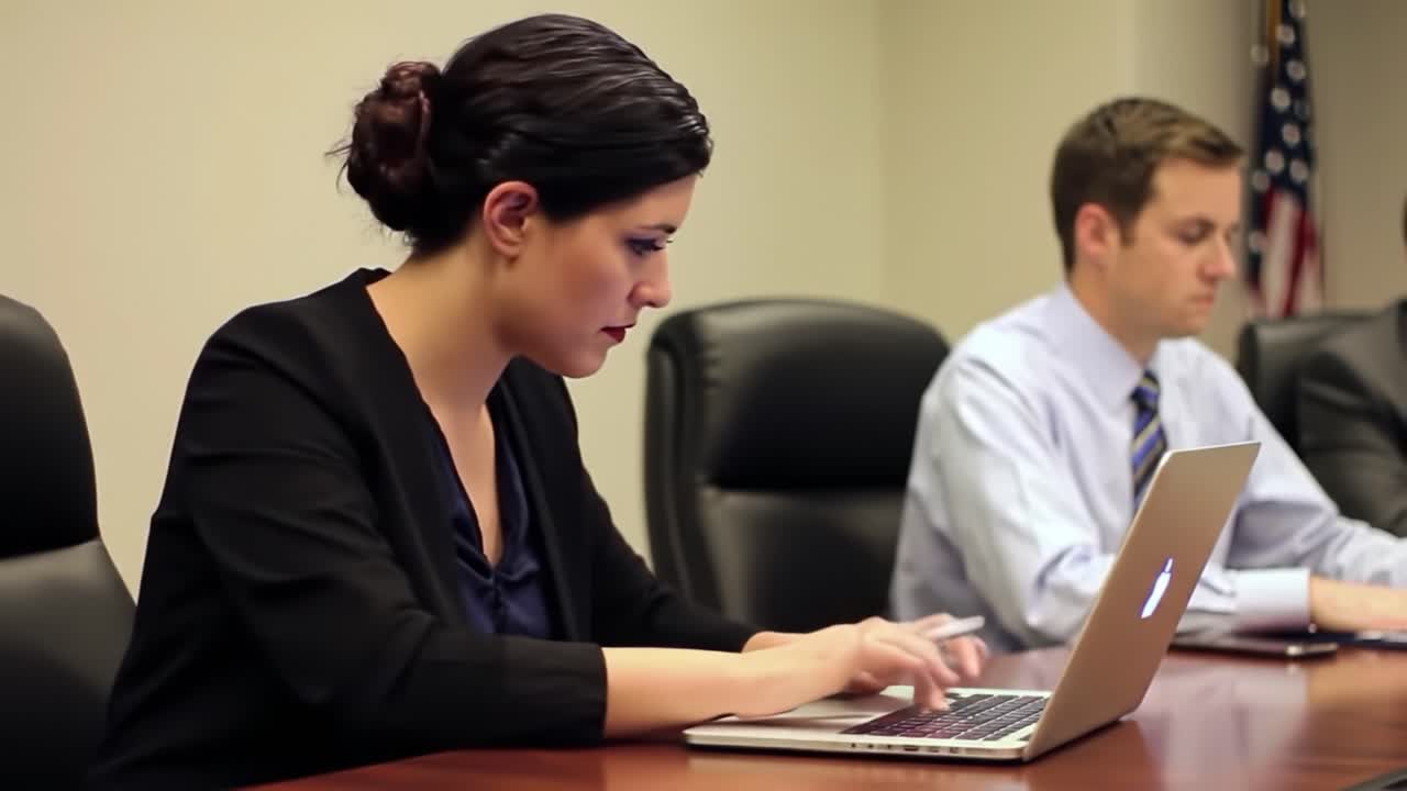 Focused Professional Engaged in Work at Meeting Table with Peers - Emphasizing Collaboration and Modern Technology in a Corporate Environment