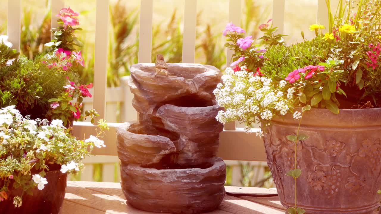 el pinzón de la casa hembra aterriza en una fuente de agua del patio trasero para tomar un trago rápido - puesta de sol con iluminación volumétrica