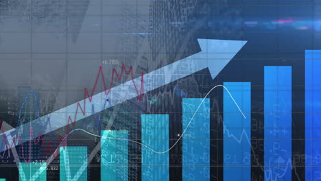 animation of statistical data processing against low angle view of tall building