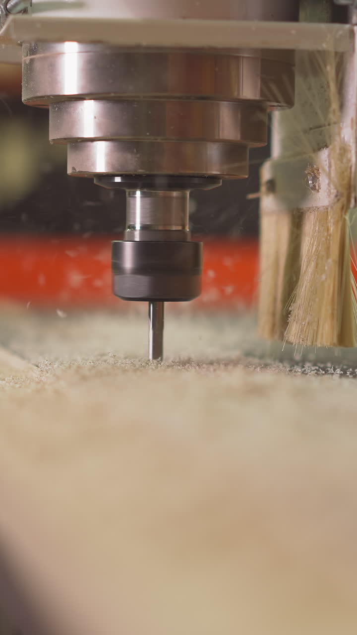 Powerful wooden material cutter operates with plywood in carpentry workshop closeup. Machine tool with brush to clean sawdust at production plant slow motion