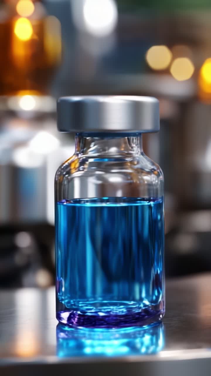 A close-up view of a glass vial containing a vibrant blue liquid, set against a softly blurred background, reflecting light and showcasing vivid colors and glass texture