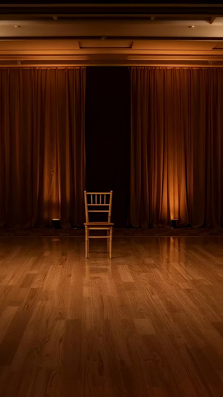 Vertical video: Lighting cue bringing spot onto wood chair on stage, warming curtain glow for scene