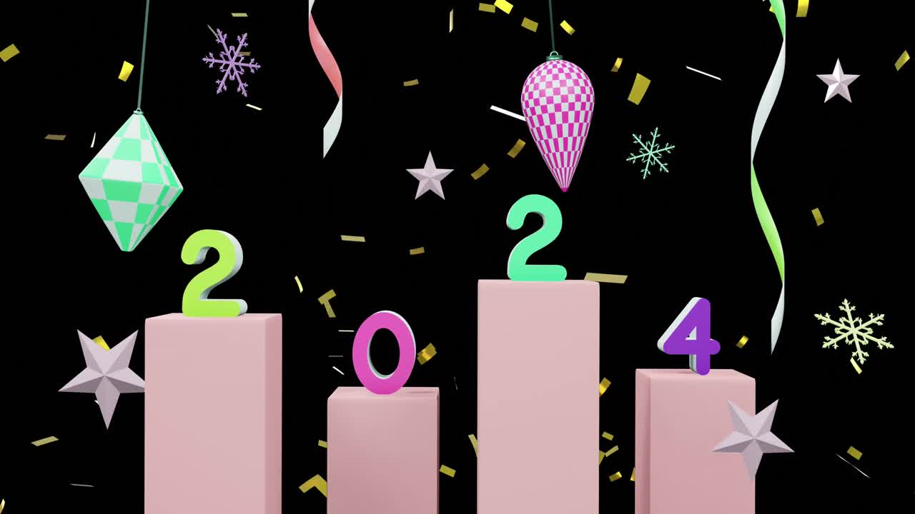 animación del texto de 2024 y decoraciones navideñas en el fondo