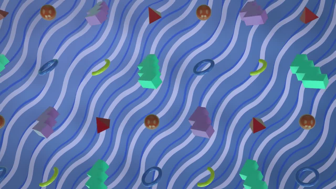 Animation of 3d geometric shapes over wave pattern against blue background
