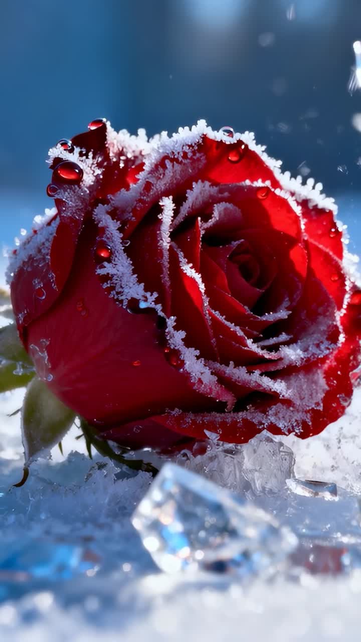 Video verticale: luce mutevole che mostra gocce di brina su una rosa rossa su ghiaccio tritato, con cambio di messa a fuoco