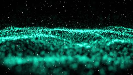 Animation-of-snow-falling-over-glowing-green-mesh