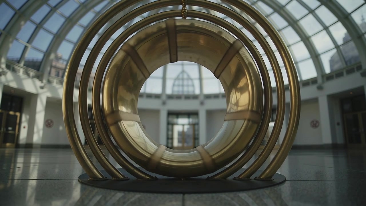 Moving camera forward revealing gold ring sculpture in glass dome atrium, highlighting reflections