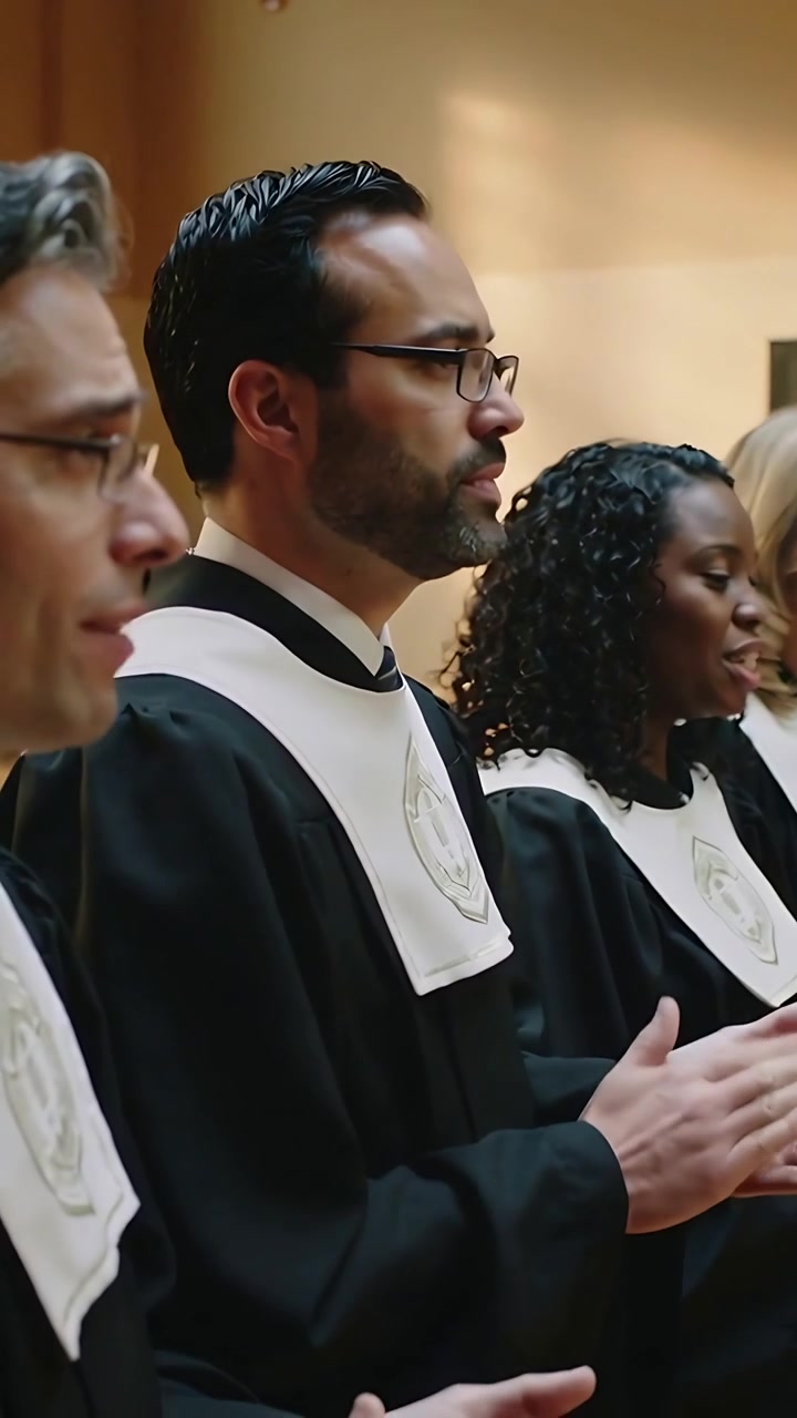 Video verticale: Inizia la musica, un coro applaude e canta per una funzione, indossando tonache nere e stole bianche.