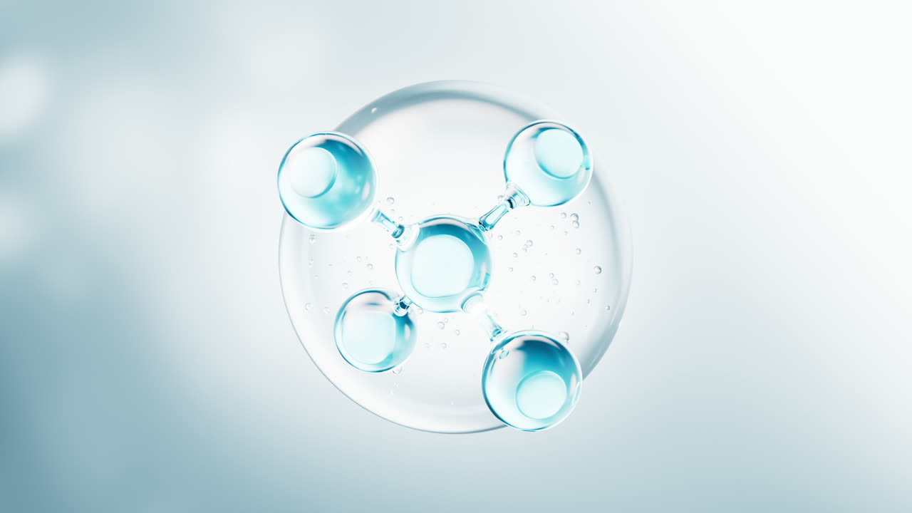 Transparent molecules with water bubbles background, 3d rendering
