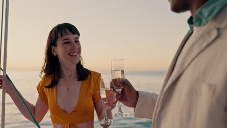 love, cheers and couple on yacht with champagne