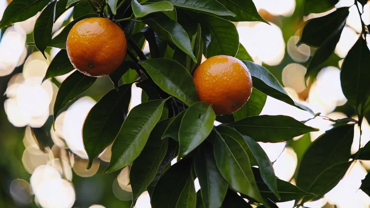 Close-up video of ripe oranges on a tree, captured from a low angle