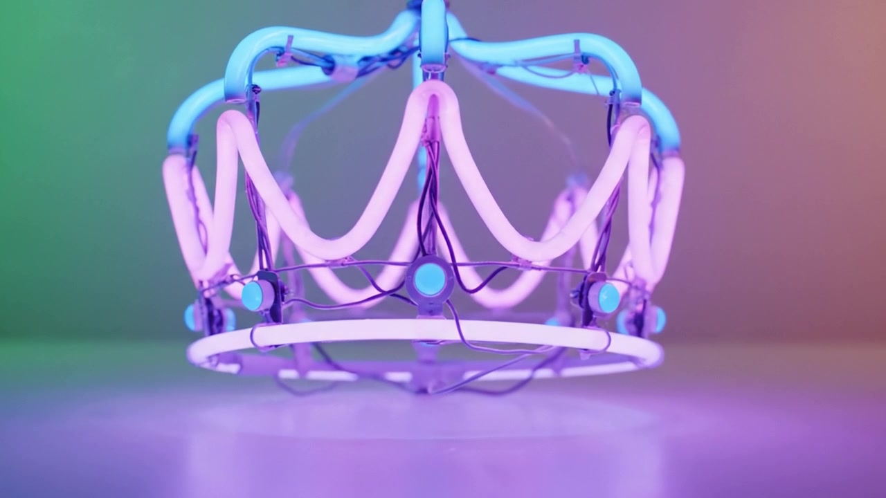 Una vivace corona al neon che mostra un design elegante con effetti di luce moderni, presentando una miscela di colori su uno sfondo sfumato delicato.