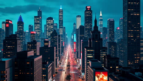 vibrant night cityscape with skyscrapers and car light trails